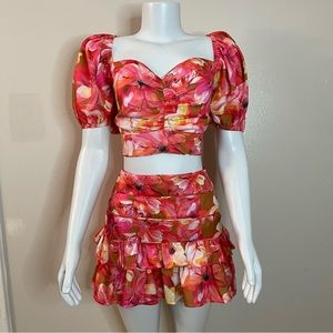 Pink multi floral sweetheart neckline crisscross back top ruffle mini skirt set